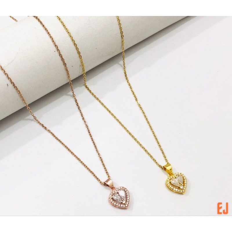 Fourfashion Kalung Titanium Rantai Liontin Love Batu Permata Tengah Premium AK042