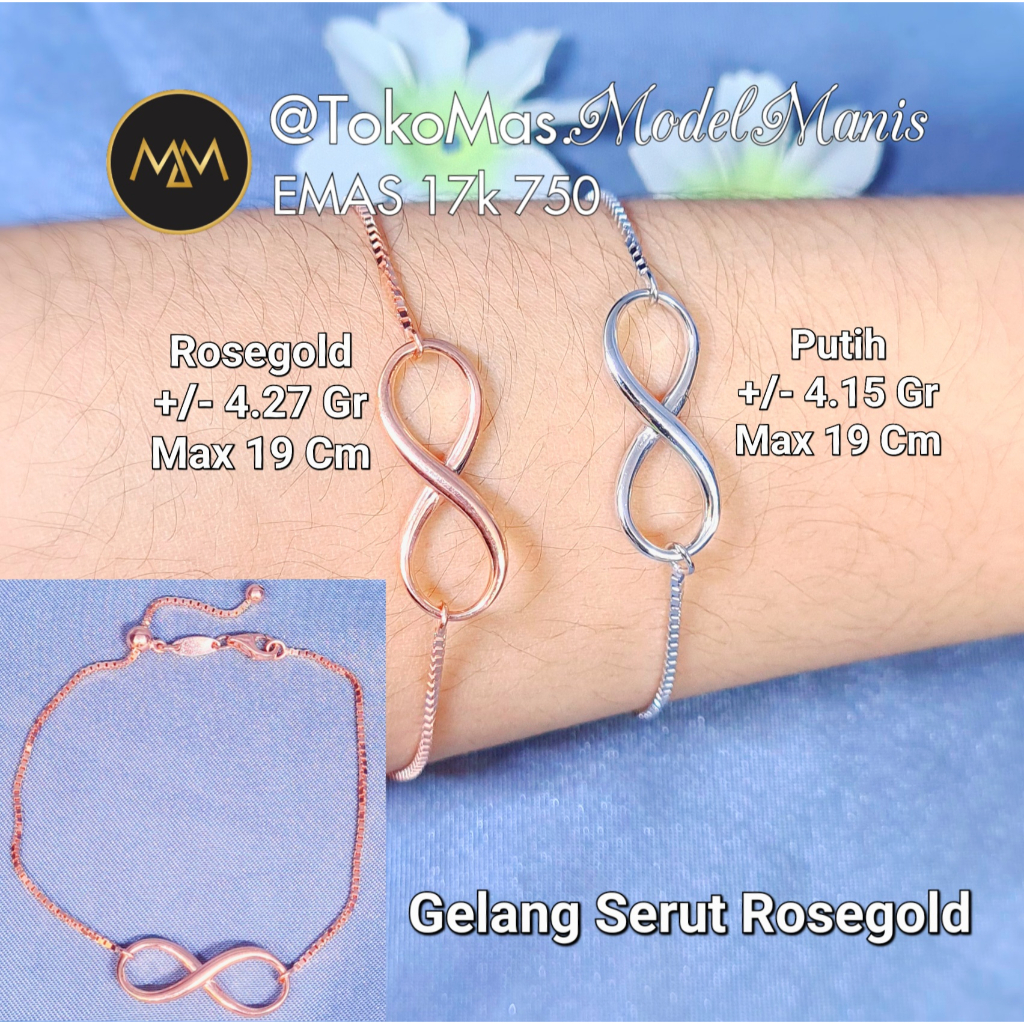 Gelang serut infinity emas putih rosegold 750 kadar 18k