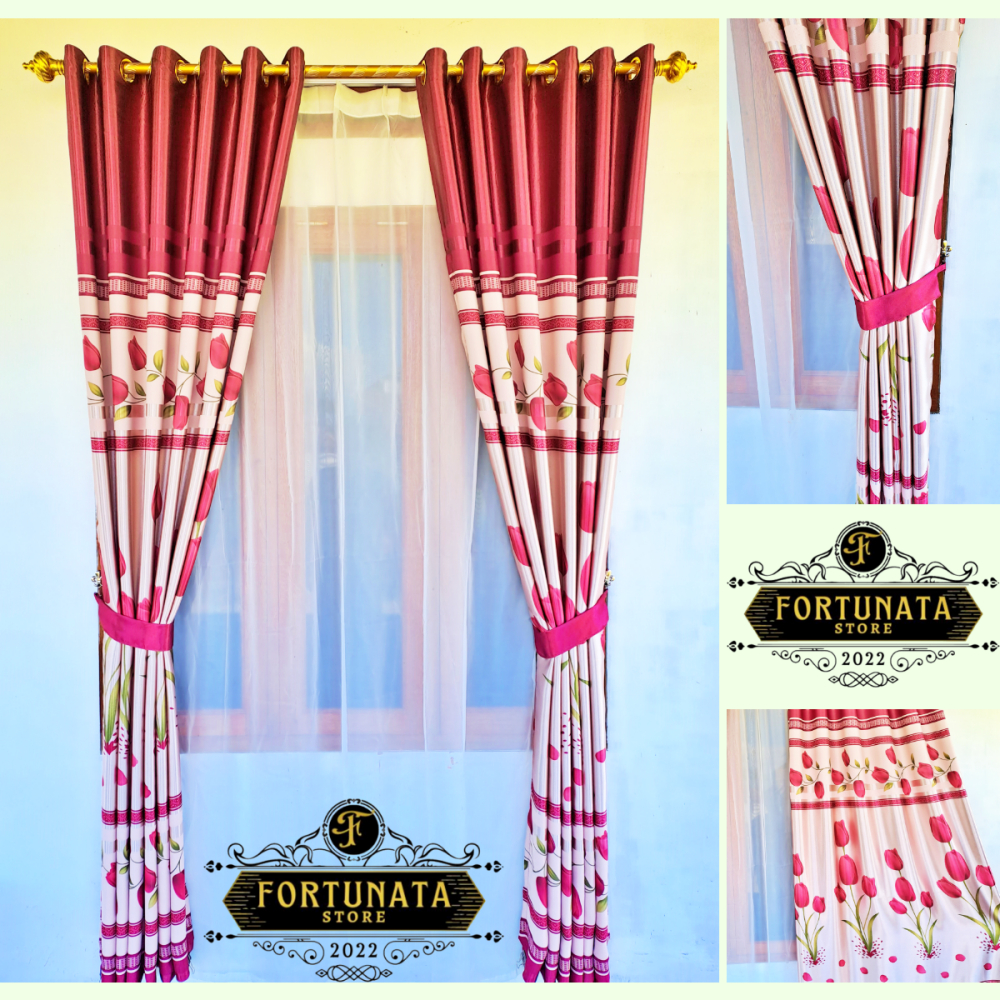 Gorden Jendela Murah Mewah Blackout import Motif Bunga Tulip Tebal Mengkilap Model Lubang Smokring G