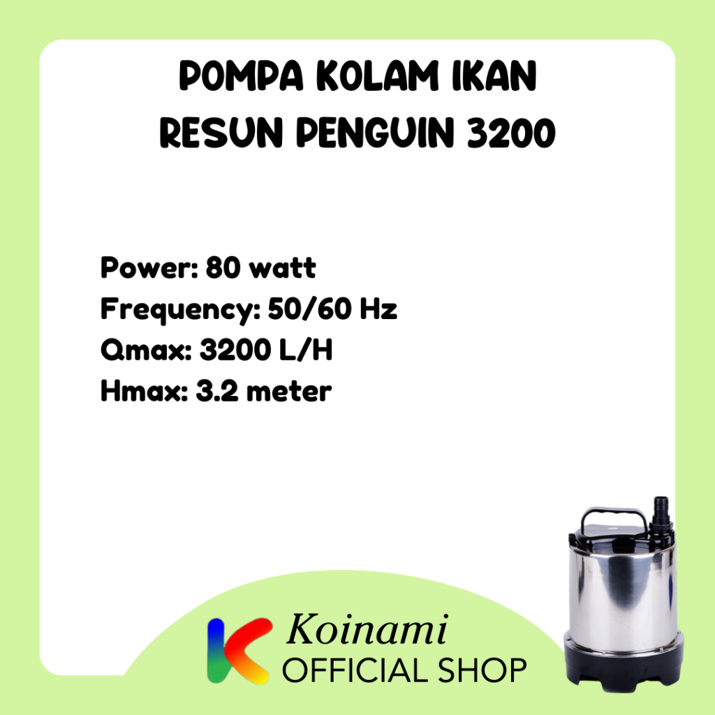 RESUN PENGUIN 3200 / pompa kolam ikan koi / sirkulasi air / filter 3200 liter 3.2 meter 80watt