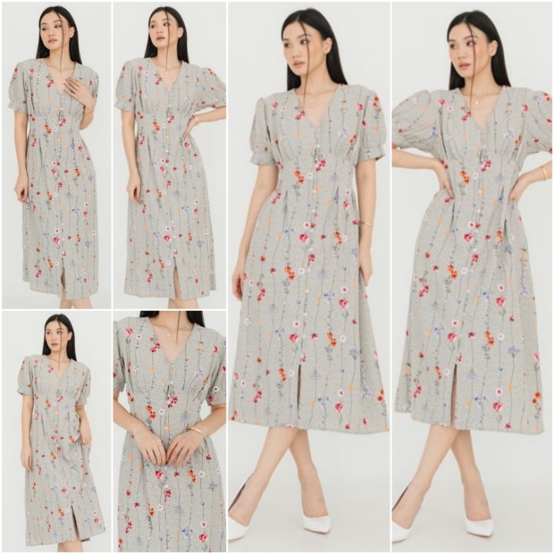 ⚡️ GOOD DEAL ⚡️ TERMURAH ! ♡ ORIGINAL ! ANDINI FLOWERY V-NECK BUTTON MIDI DRESS ( BUSUI FRIENDLY )