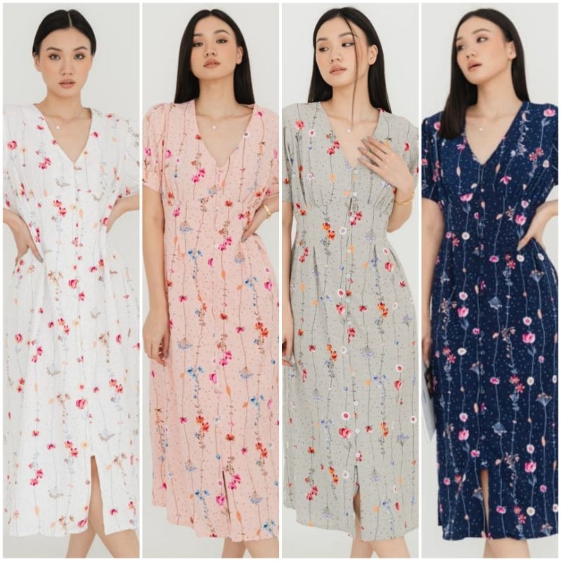 ⚡️ GOOD DEAL ⚡️ TERMURAH ! ♡ ORIGINAL ! ANDINI FLOWERY V-NECK BUTTON MIDI DRESS ( BUSUI FRIENDLY )