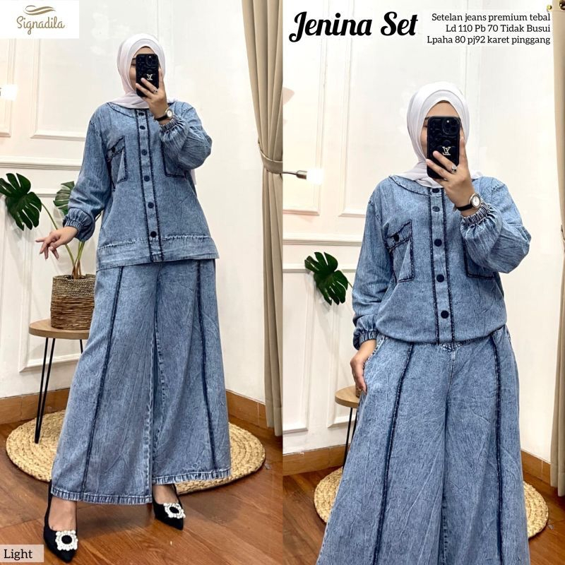 Jenina One Set Jumbo Setelan Wanita Kekinian One Set Wanita Korean Style Bahan Jeans Premium