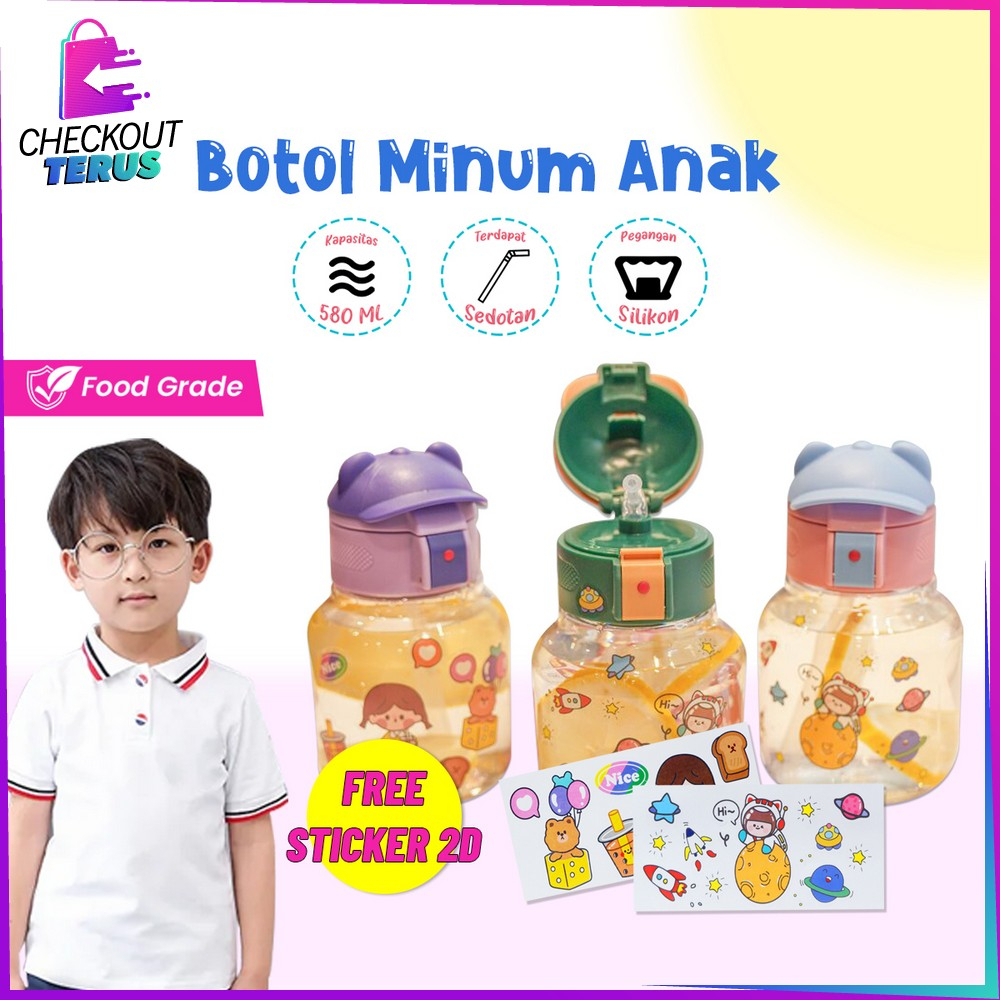 CT C827 Botol Minum Anak Karakter Motif Topi 580ML dengan Sedotan Food Grade Tempat Minum Lucu dengan Pegangan Silikon Portable