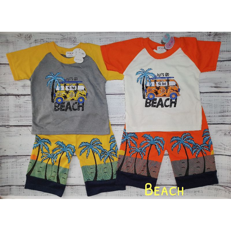 Baju Bayi Laki Laki / Setelan Kaos Celana Anak Motif Pantai Usia 6-12 Bulan