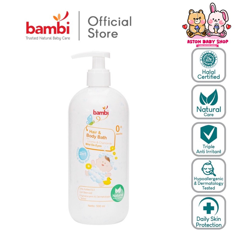 Bambi Baby Hair &amp; Body Bath 2 in 1 500ml (Pump) | Sabun dan Shampo Bayi