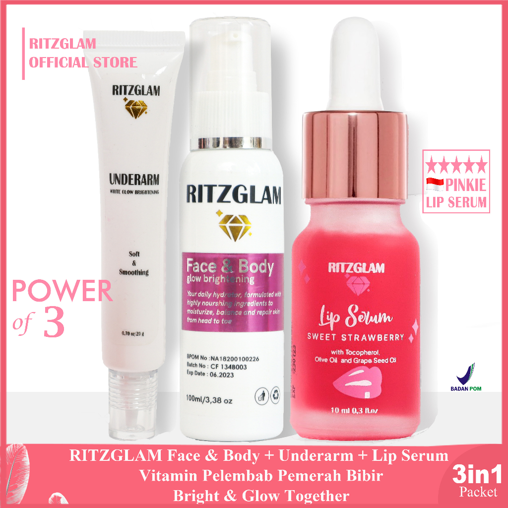 RITZGLAM Collagen Brightening + Underarm White + Lip Serum Vitamin Pelembab Pemerah Bibir. Bright &amp; Glow Together [BUNDLE 3 IN 1 PACKAGE]