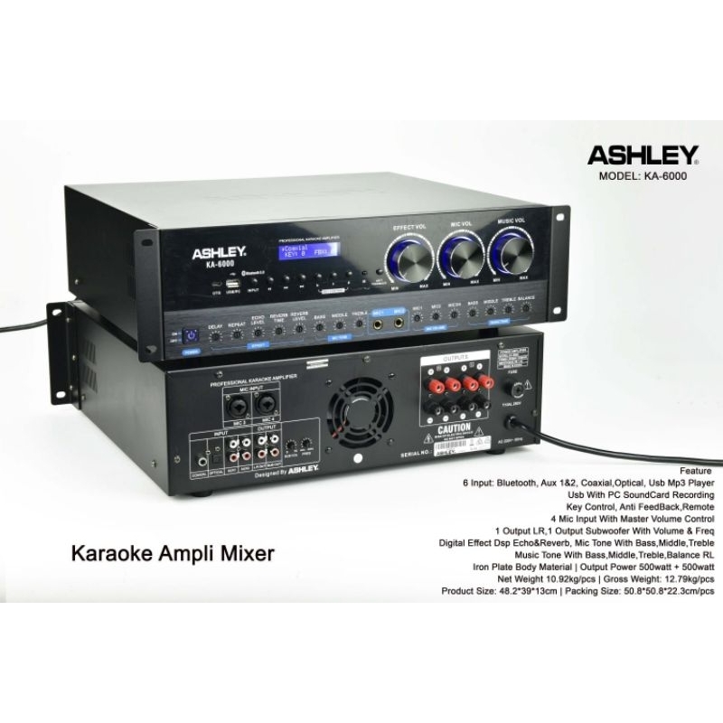 Amplifier Karaoke Ashley KA6000 | 2x500 Watt | Anti-feedback & DSP Echo