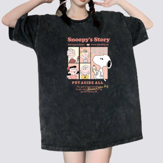 XiaoZhaiNv Korean Style Snoopy Graphic Pattern Washed Printing Kaos Wanita