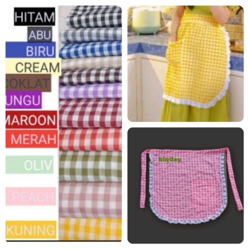 celemek masak/apron motif kotak dengan renda