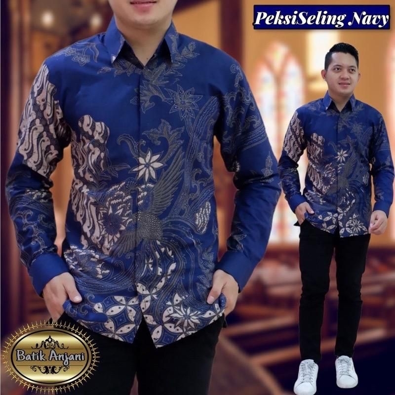 Kemeja Batik Pria Lengan Panjang Premium Motif Seling Navy Lapis Furing Bahan Katun