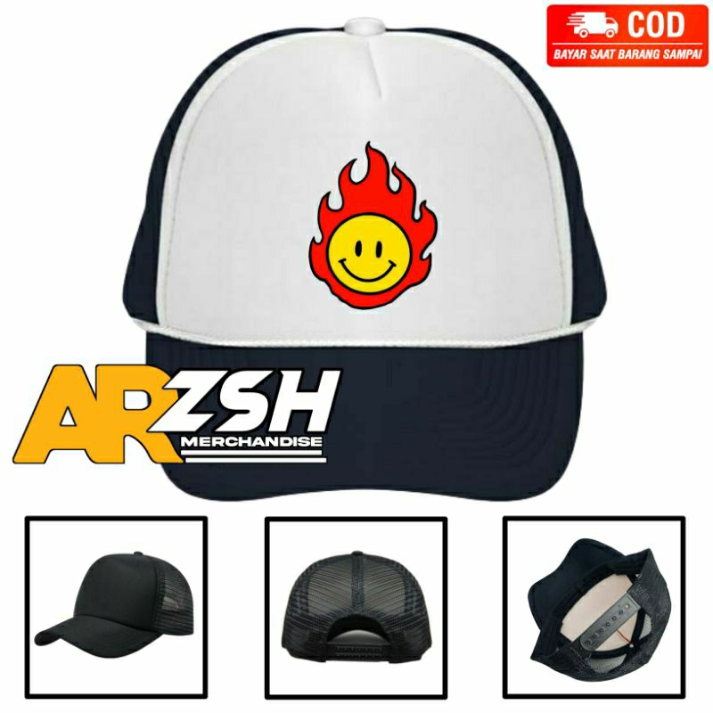 Topi Emoji Smile Fire Topi Trucker Jaring Topi Pria