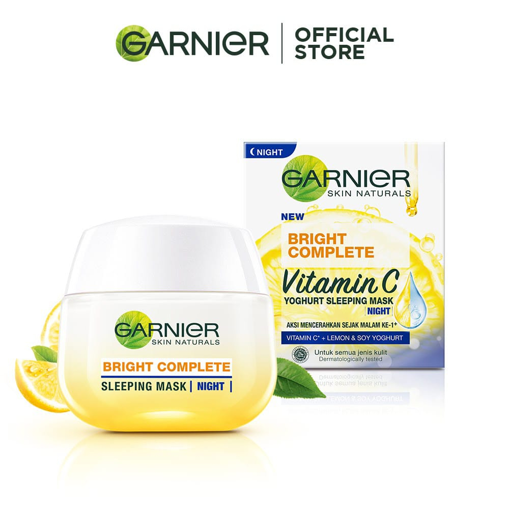 (Night Cream) GARNIER BRIGHT Light Complete Night Yoghurt White Sleeping Mask 50 ml / 20 ml Kuning - Krim Masker Wajah Malam Ukuran Besar / Kecil