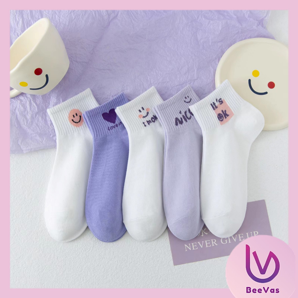 BV.ID KK1125 Kaos Kaki Pendek Wanita Semata Kaki Motif Smile Ungu Fashion Korean Import