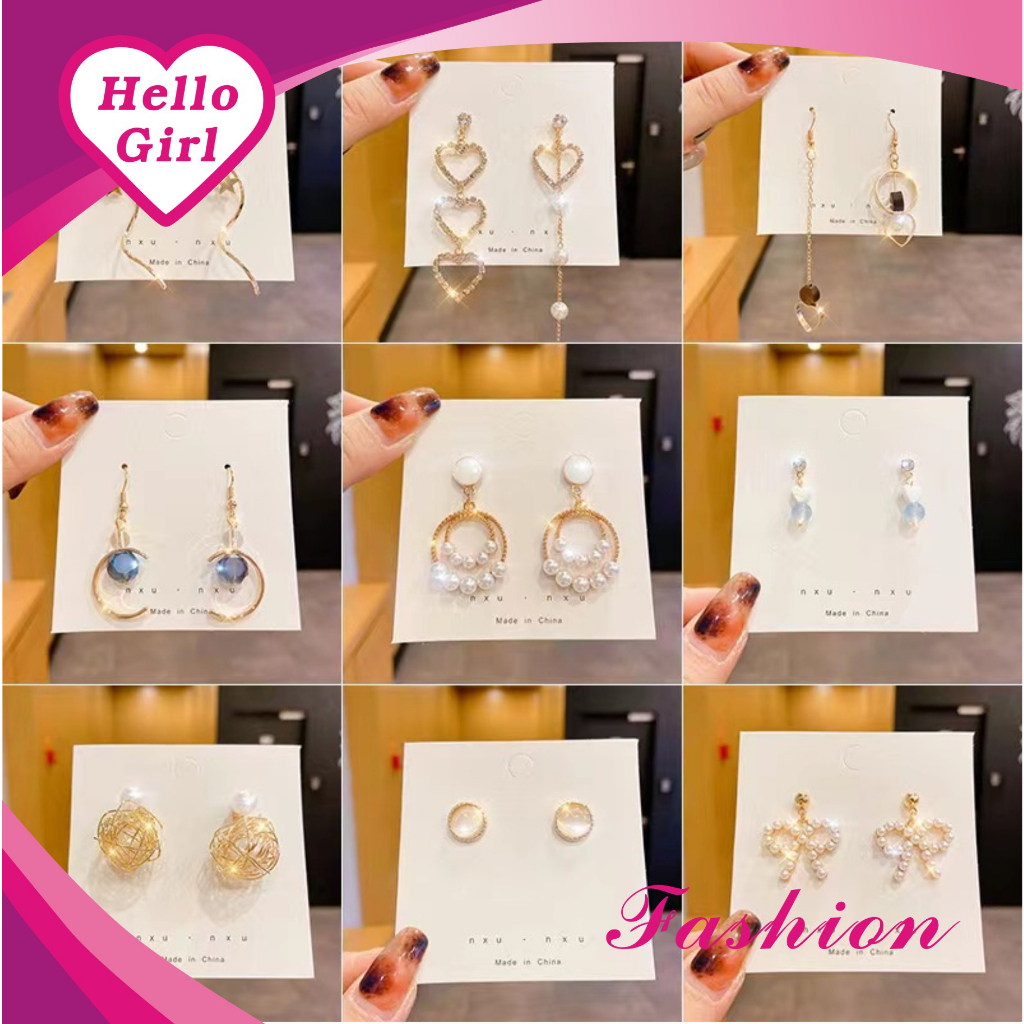 (Hello Girl)E02 Anting Tusuk Wanita Korea Bunga Pita Hati Mutiara Import