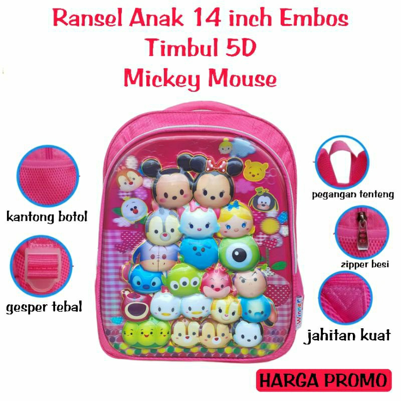 Tas Sekolah Anak Perempuan TK SD 14 inch Embos Tas Ransel Mickey Mouse  Tsum Tsum