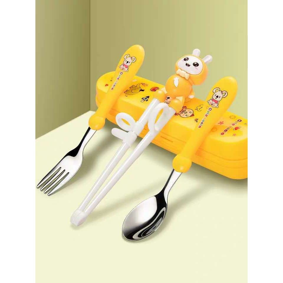 Set Alat Makan Stainless 4 in 1/ Set sendok Garpu Sumpit Anak Free Tempat /Sendok Sumpit  Latihan Anak / Training Chopstick / Sumpit Anak Lucu / Sumpit Latihan Anak