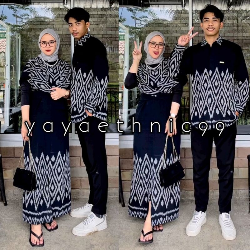 set couple baju lebaran, set couple ethnic tenun ikat, busana tenun troso, gamis Safea ethnic tenun,set couple baju kondangan