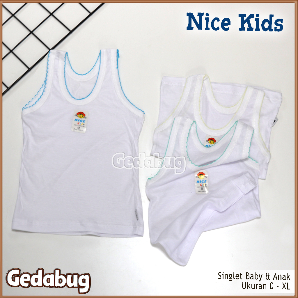 3 Pcs - Singlet Anak NICE Kids | Kaos dalem Polos warna dasar Putih | Gedabug