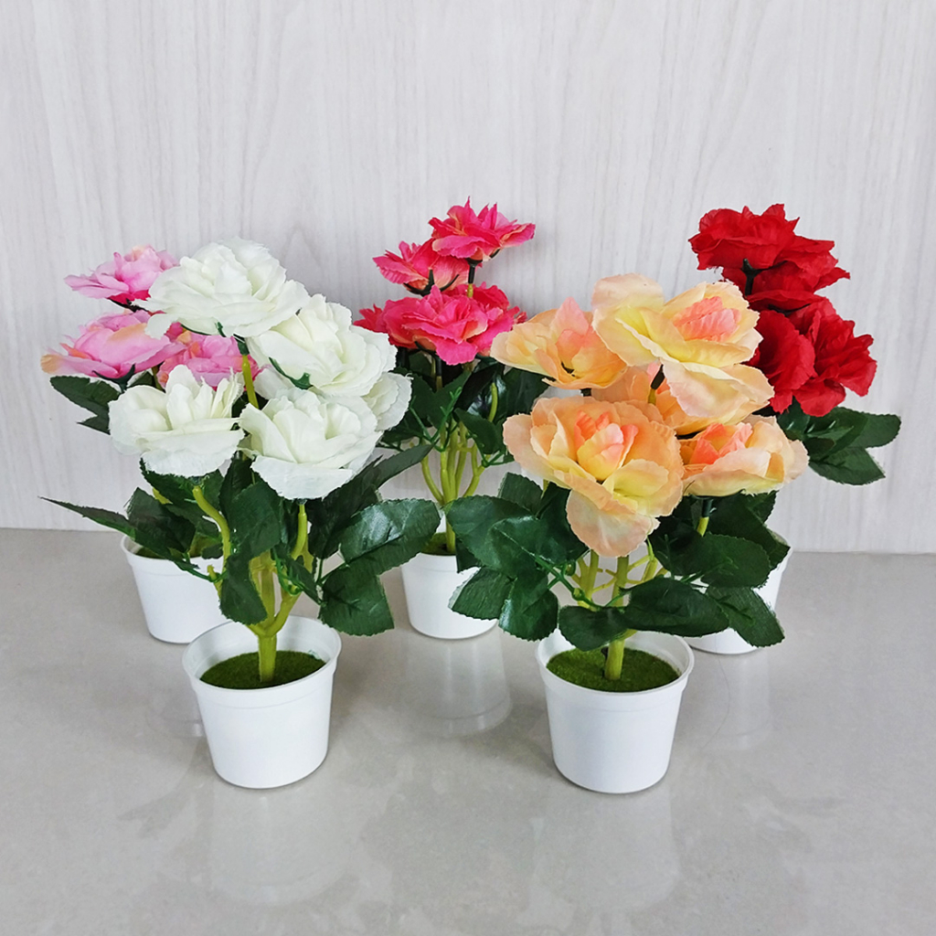 AND / COD / Pot Bunga Mawar Hias Plastik Dekorasi Rumah Terkini Bunga Hias Artificial Flowers Murah Import PBP108