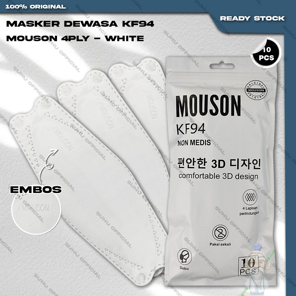 Masker KF94 MOUSON 4Ply Isi 10Pcs Putih White Korea KF94 4 Ply Earloop Surgical Mask