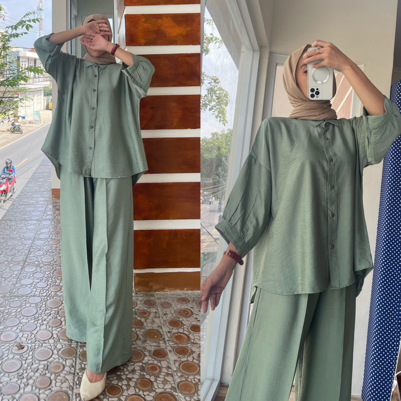 SETELAN MAHIRA POLO LINEN/ONE SET KAMEJA BLOUSE POLO LINEN OOTD HIJAB