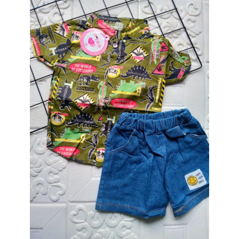 [0-4 Tahun] SETELAN KEMEJA IMPORT CELANA JEANS PENDEK BAJU ANAK LAKI DINO ROBOT TREX DINOSAURUS BAYI COWOK KARAKTER KARTUN / SETELAN KEMEJA ANAK LAKI LAKI TERMURAH TERLARIS