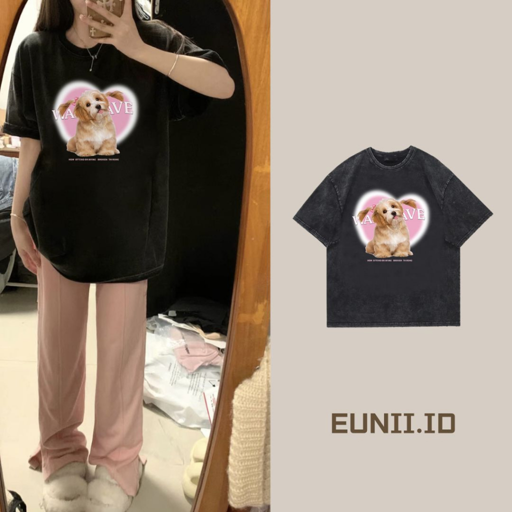 EUNII T-shirt Lengan Pendek Black Washed Cartoon Pink Dog Printing Korean Style/Kaos Atasan Wanita/Baju Wanita/Kaos Wanita