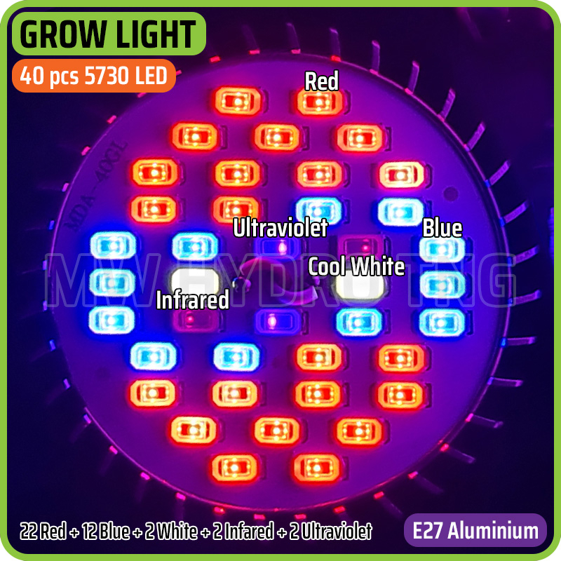 LED Plant Grow Light, E27 Aluminium Case, 40 pcs 5730 SMD LED (Red + Blue + White + Infrared + Ultraviolet) - Lampu Tumbuh Tanaman