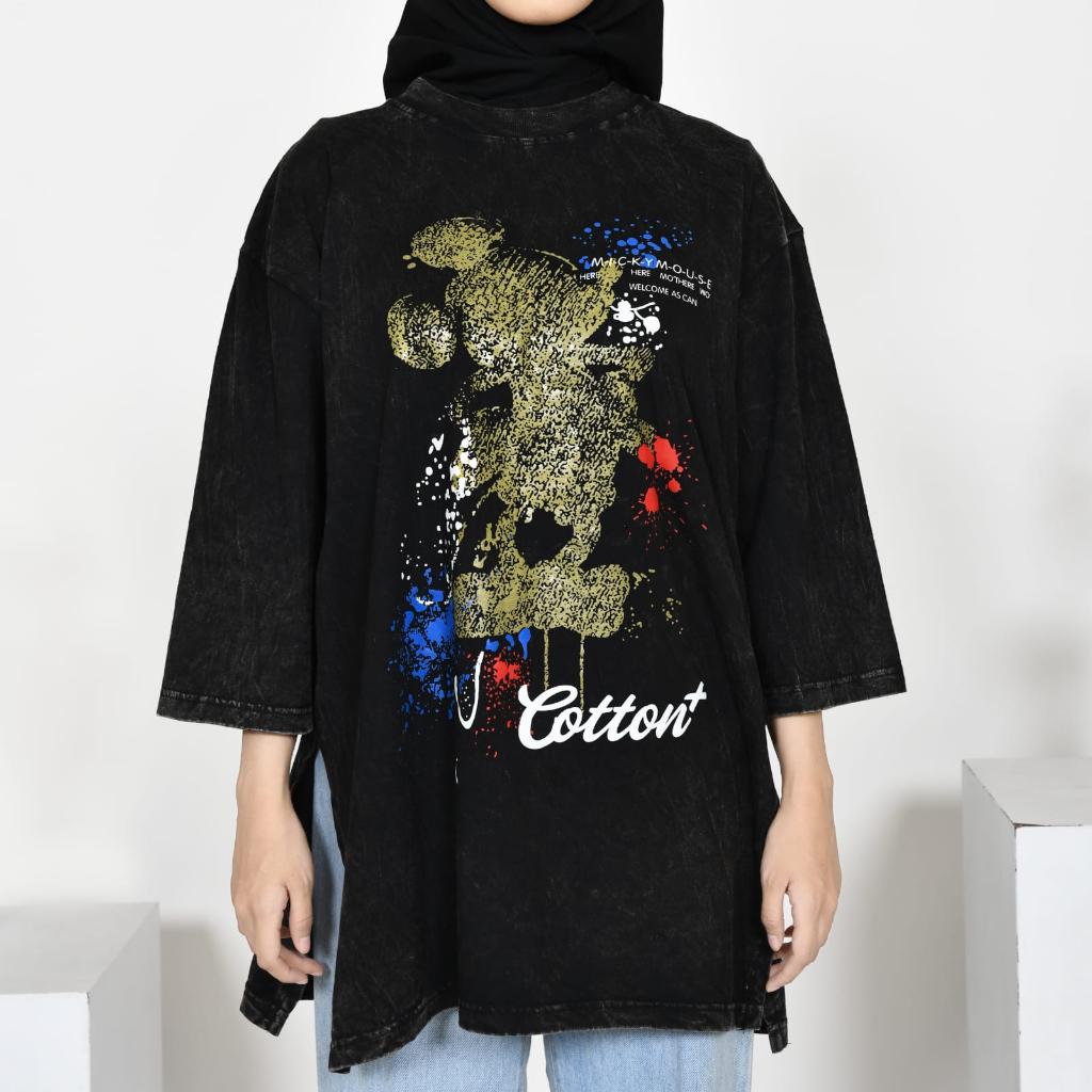 Kaos Karakter Wanita Mickey Gold wash Original Cotton Plus Lengan 7/8 Jumbo / KAos Wanita Washing Hijab Terlaris