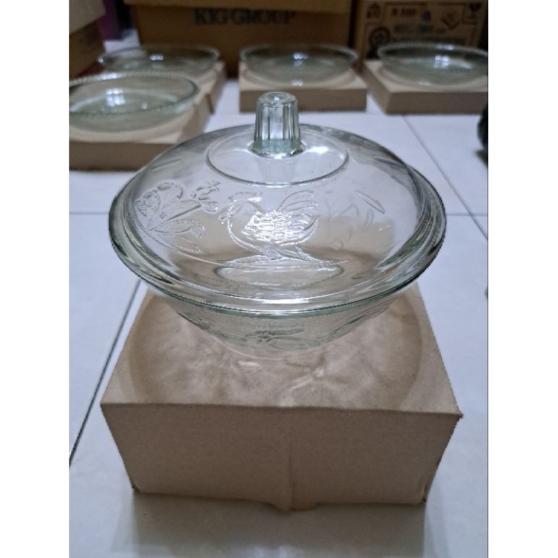 Mangkok Bening Motif Ayam / Mangkok Kaca Tutup / Mangkok Saji