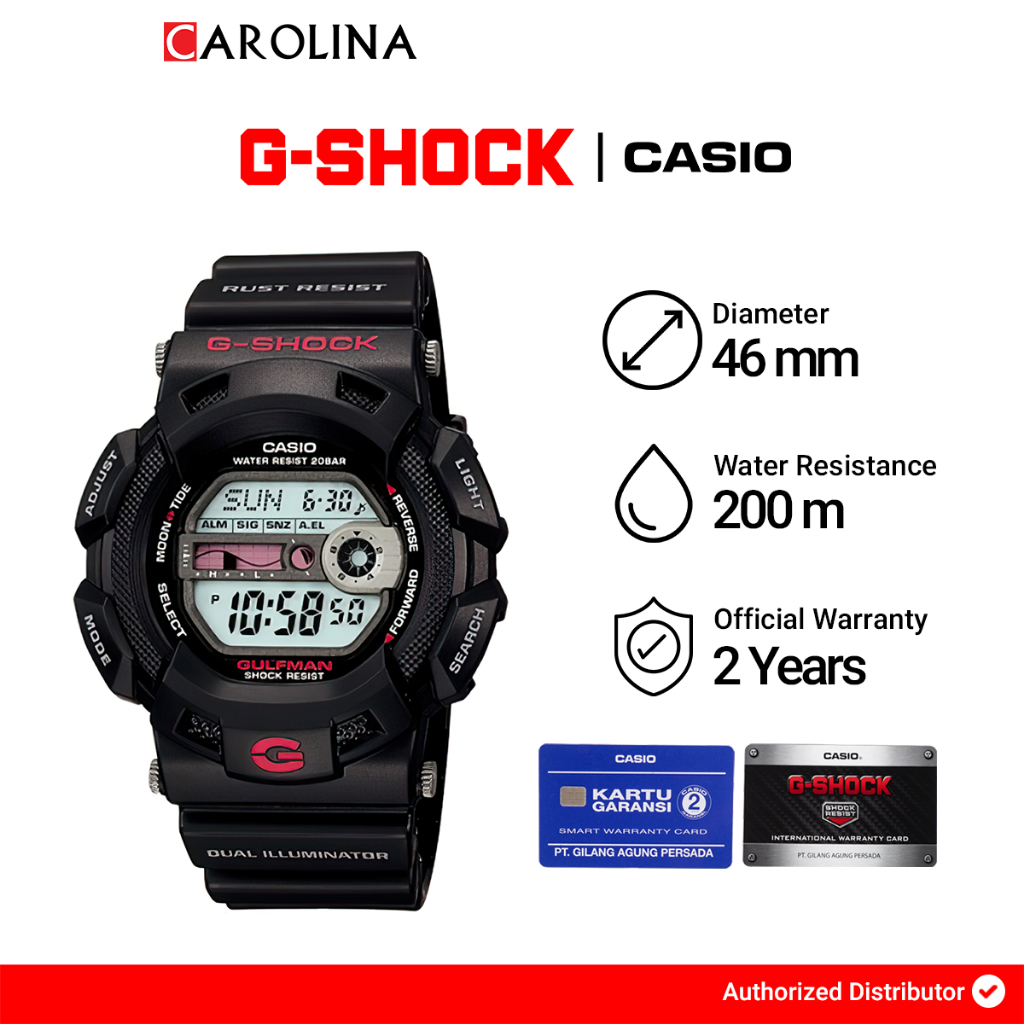 Jam Tangan Casio G-Shock Gulfman G-9100-1DR Men WR 200M Tide Graph Digital Black Resin Band
