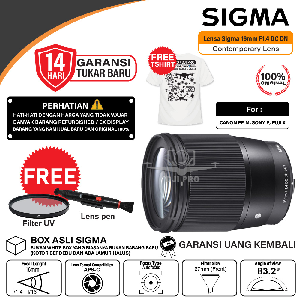 Sigma 16mm f1.4 DC DN Contemporary Lens for Sony E - Fujifilm X - Canon EOS M Mount / Lensa Sigma 16