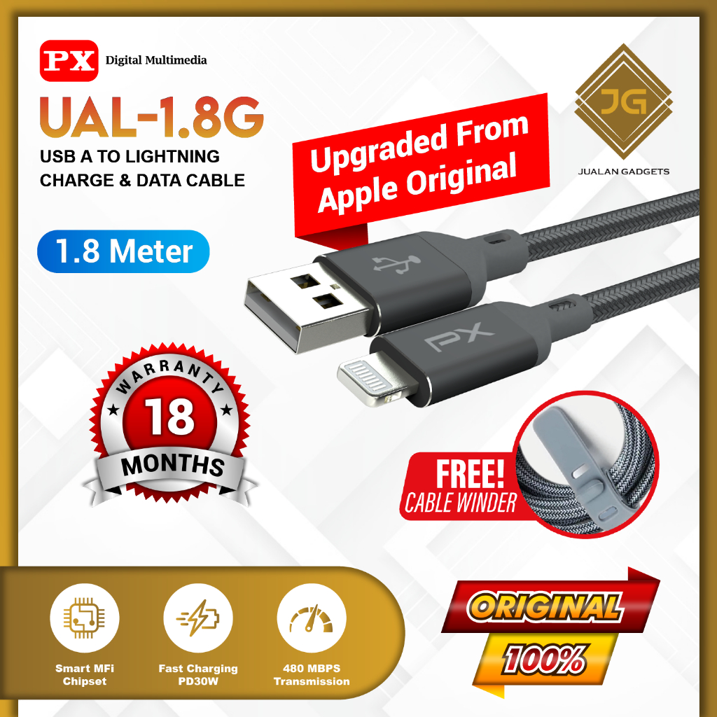 PX UAL-1.8G Kabel Data USB A to Lightning MFi Fast Charging