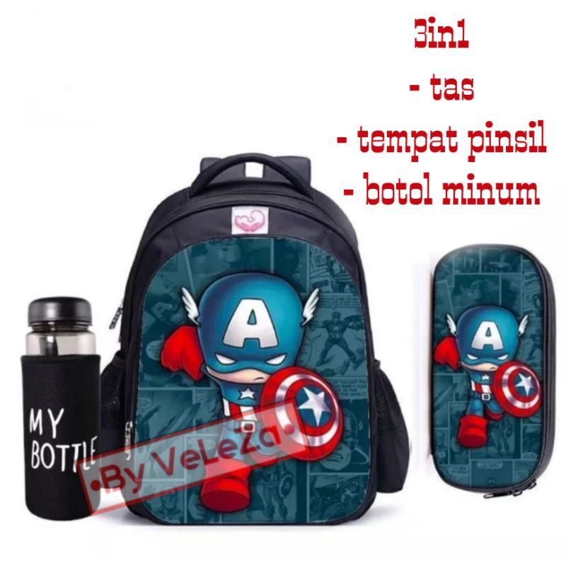 Tas ransel anak laki-laki superhero 3in1 - tas + tempat pinsil + botol minum - tas anak