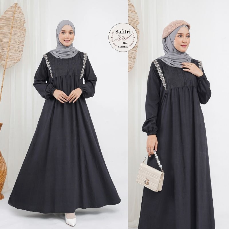 HAYFA DRESS bahan Polo Linen Putih Hitam Manasik Haji Umroh Thawaf aplikasi brokat dan renda by Safitri Fashion