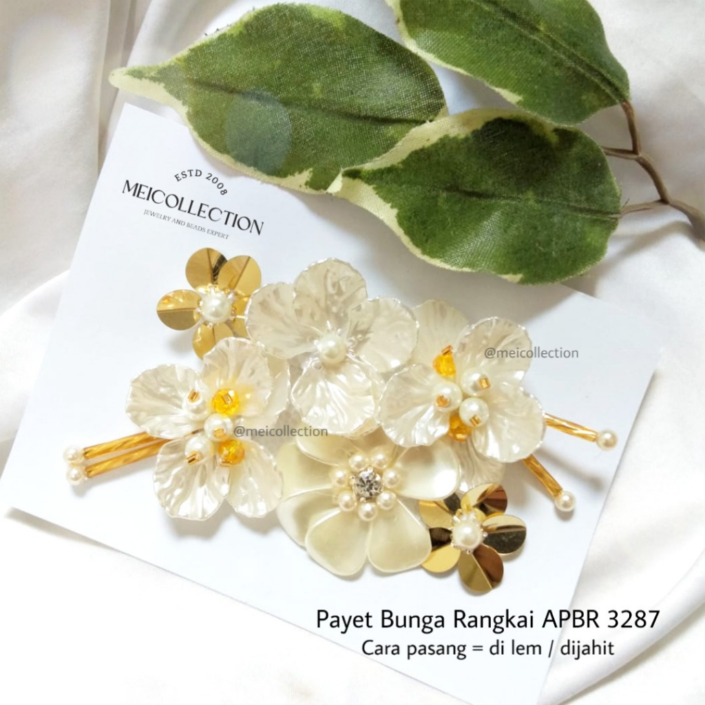 payet rangkai bunga 3D dada leher pinggang APBR 3287 putih gold gamis tunangan kebaya bali kebaya wi