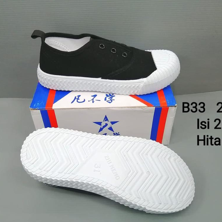 Sepatu Sneakers Anak Hitam Putih Model Slip On Tanpa Tali N&amp;B Sol Putih Unisex Ukuran 22-38 / B33