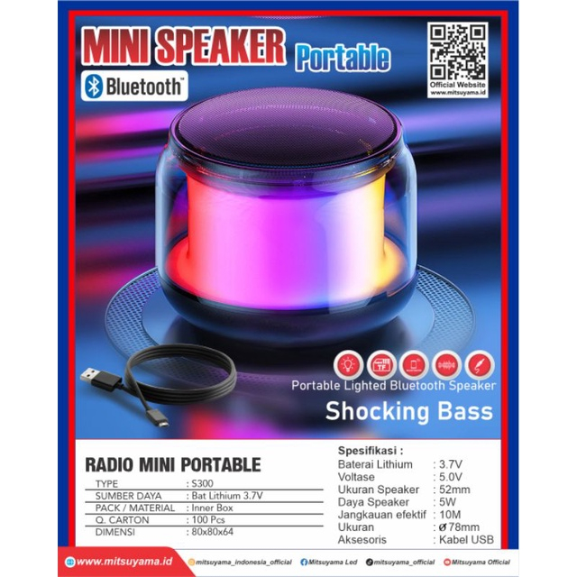 Speaker Mini Bluetooth Lampu Disco Bass Charge Aux Input S300