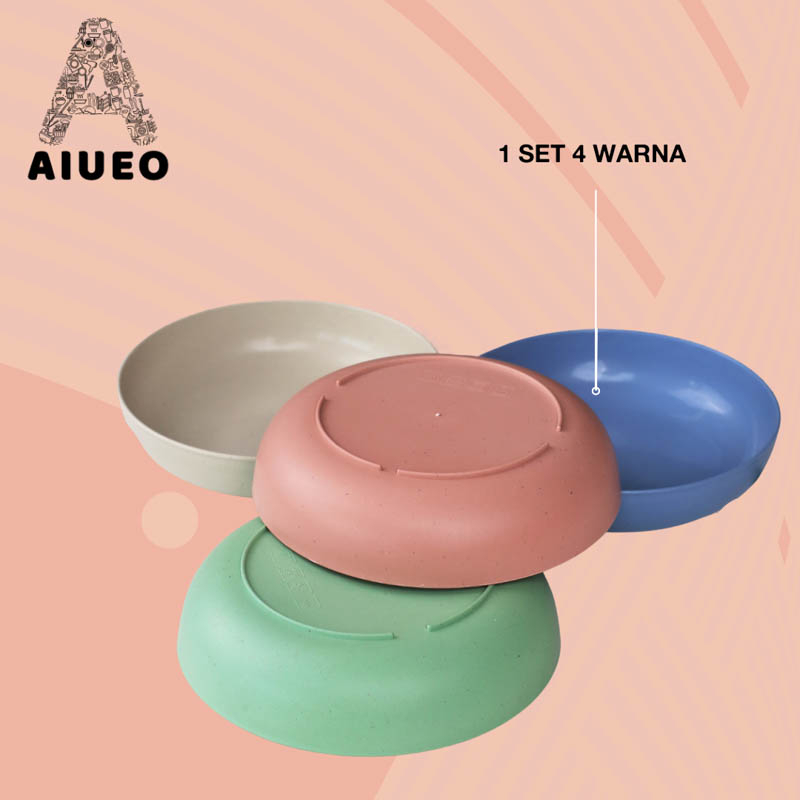 ISI 4 Pcs AIUEO Set 4 Pcs Round Plate 14.5cm Wheat straw Piring Makan BPA free  | Warna Warni Piring Anak | Piring Keluarga Piring saji Aesthetic Estetik Plastik