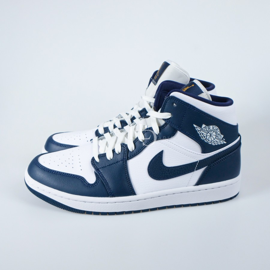 Air Jordan 1 Mid White Metallic Gold Obsidian (Men) 554724-174