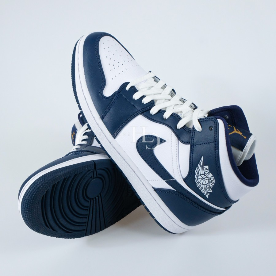 Air Jordan 1 Mid White Metallic Gold Obsidian (Men) 554724-174