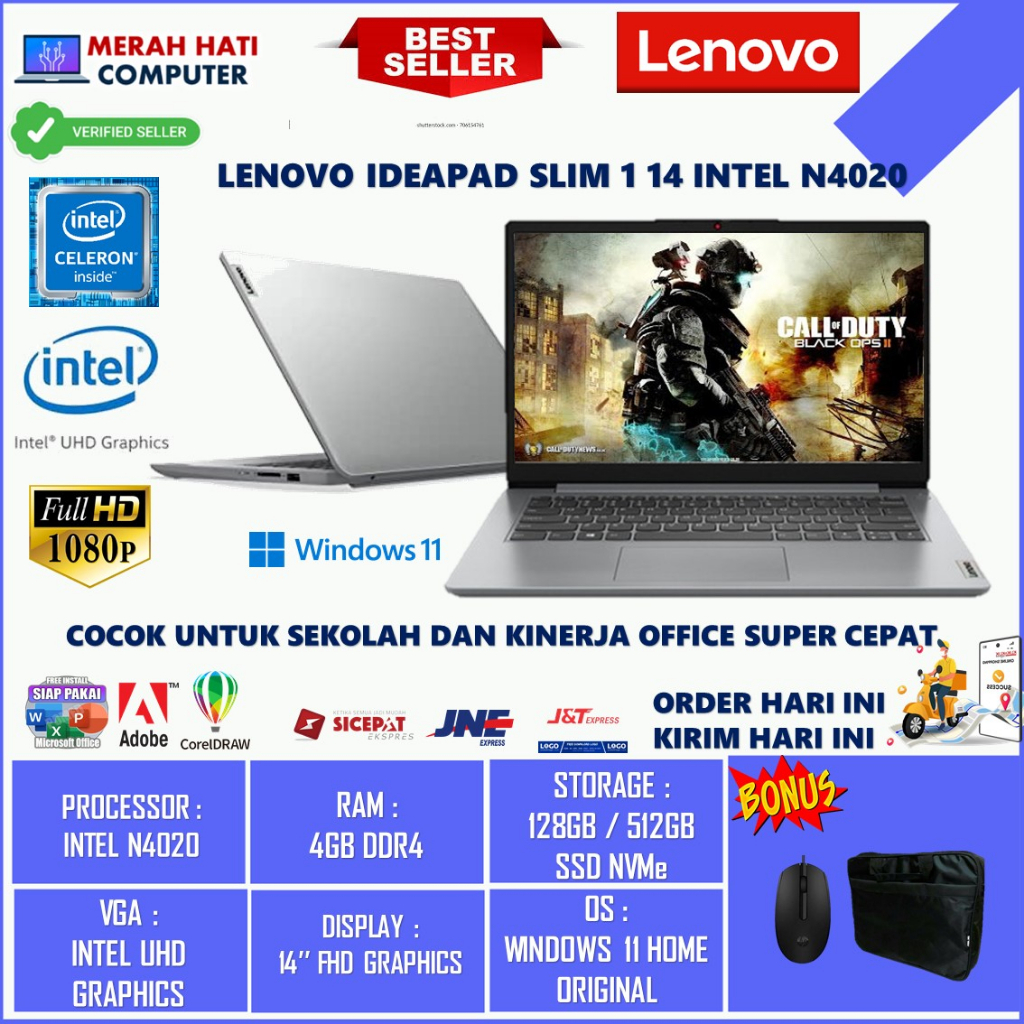 Laptop Slim Lenovo Ideapad Slim 1 14IGL INTEL N4020 4GB 512GB 14FHD Windows 11 Platinum Grey Original Terlaris