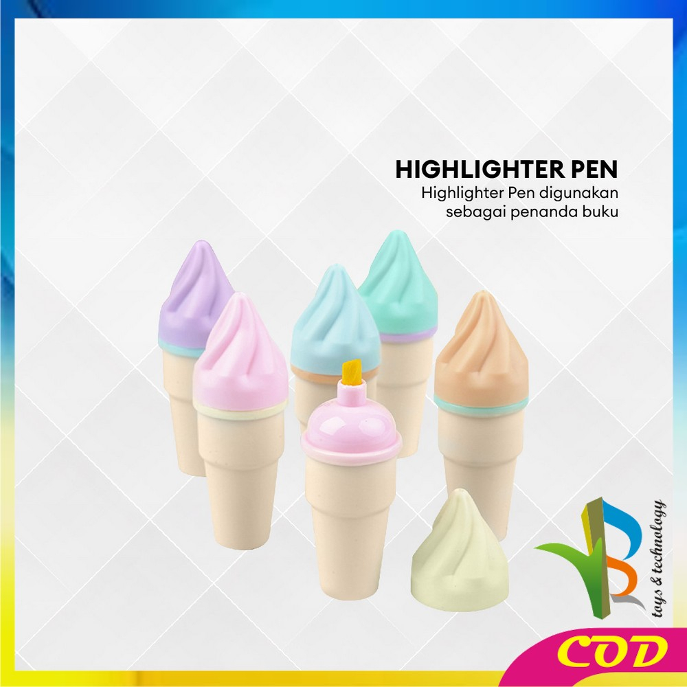 RB-A57 Highlighter Pen Es Krim Cone Monas 6 in 1 Free Pouch Penanda Berwarna / Spidol Highlighter Model Ice Cream Cone Unik Alat Tulis kantor Stationery