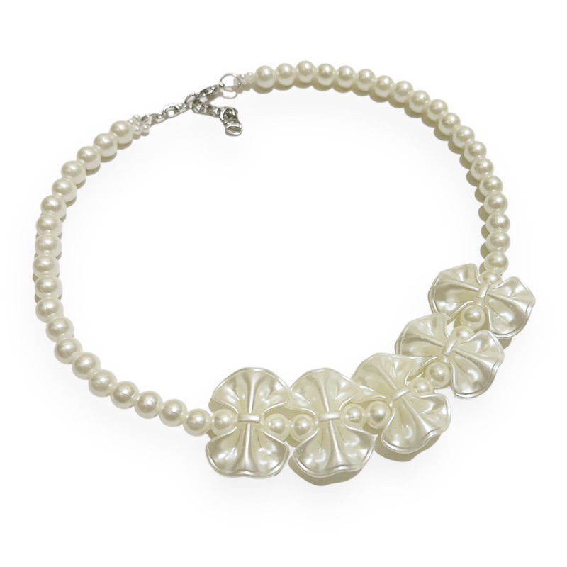 Aulia Korean Ribbon Flower Pearl Necklace Kalung Mutiara Pearl Pita Bunga Korea