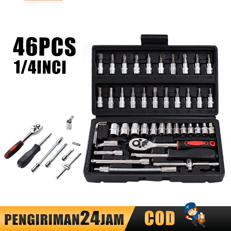 46pc/set socket (1/4 &quot;) Full Lengkap Socket Tool Kit Pas Ring L Motor Mobil kunci shok set