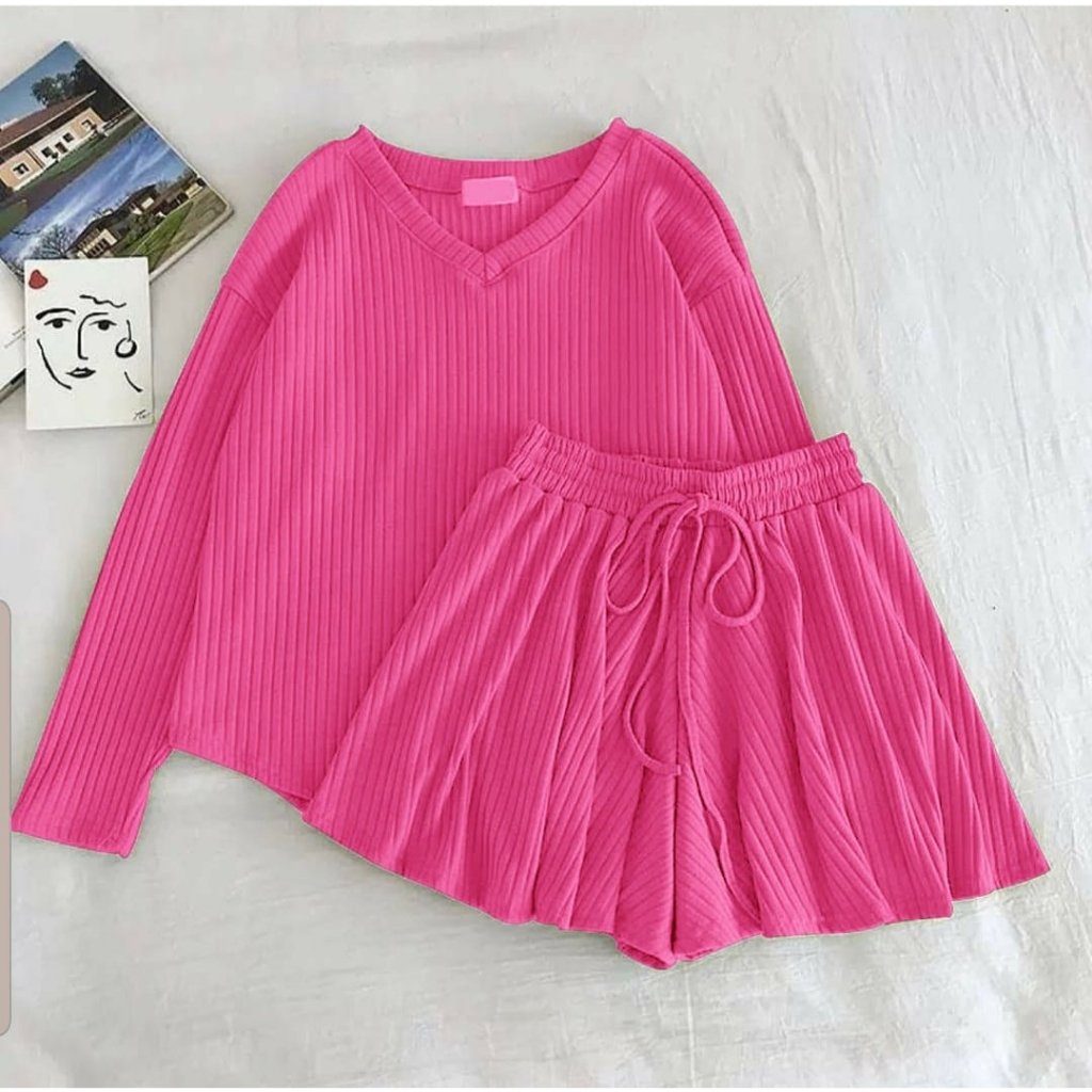 PCS SET LESTI 2 UKURAN L XL FASHION PAKAIAN WANITA SETELAN ATASAN DAN CELANA BAHAN KNIT ED