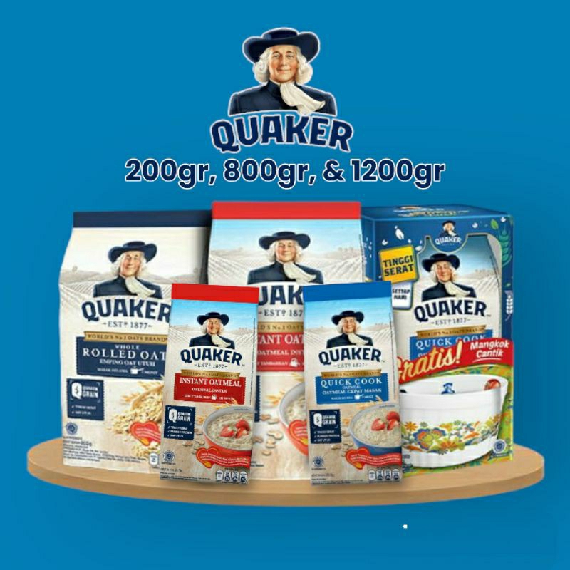 

Quaker Oatmeal 200gr, 800gr, & 1200gr | Tersedia Varian Instant (Quaker Merah), Quick Cooking (Quaker Biru), & Rolled Oat (Bulir Gandum Utuh) | Quaker hadiah mangkok ready