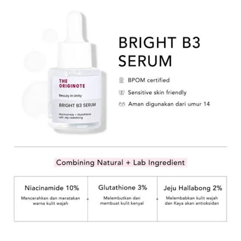 [SIAP KIRIM] The Originote Gluta-Bright B3 Serum - Serum Brightening untuk Mencerahkan dan Meratakan Warna Kulit Wajah with Niacinamide