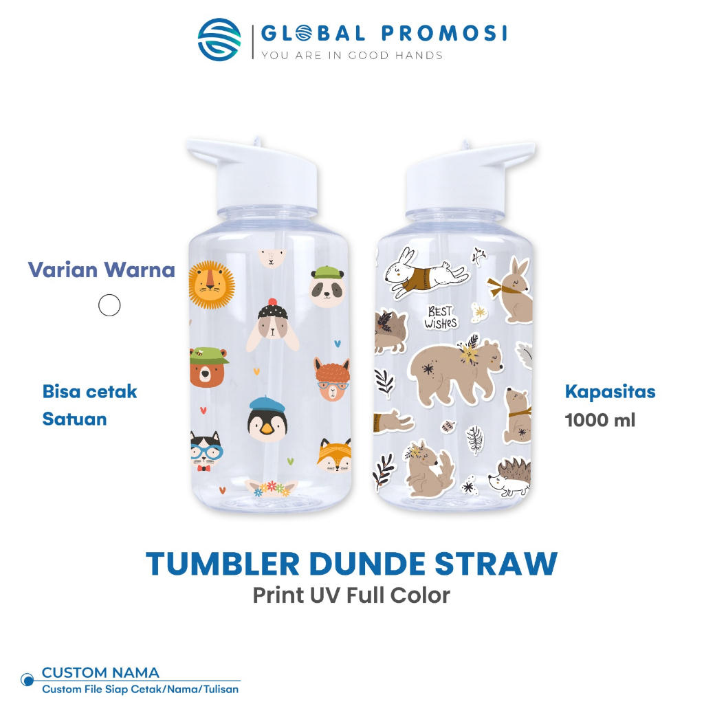 Cetak Botol Minum Tumbler Dundee Straw Sedotan Plastik 1 Liter Print Custom UV Edisi Warna Putih